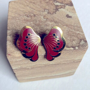 Laurel Burch LE FLEUR Studs Deep Red Black and Gold Tone